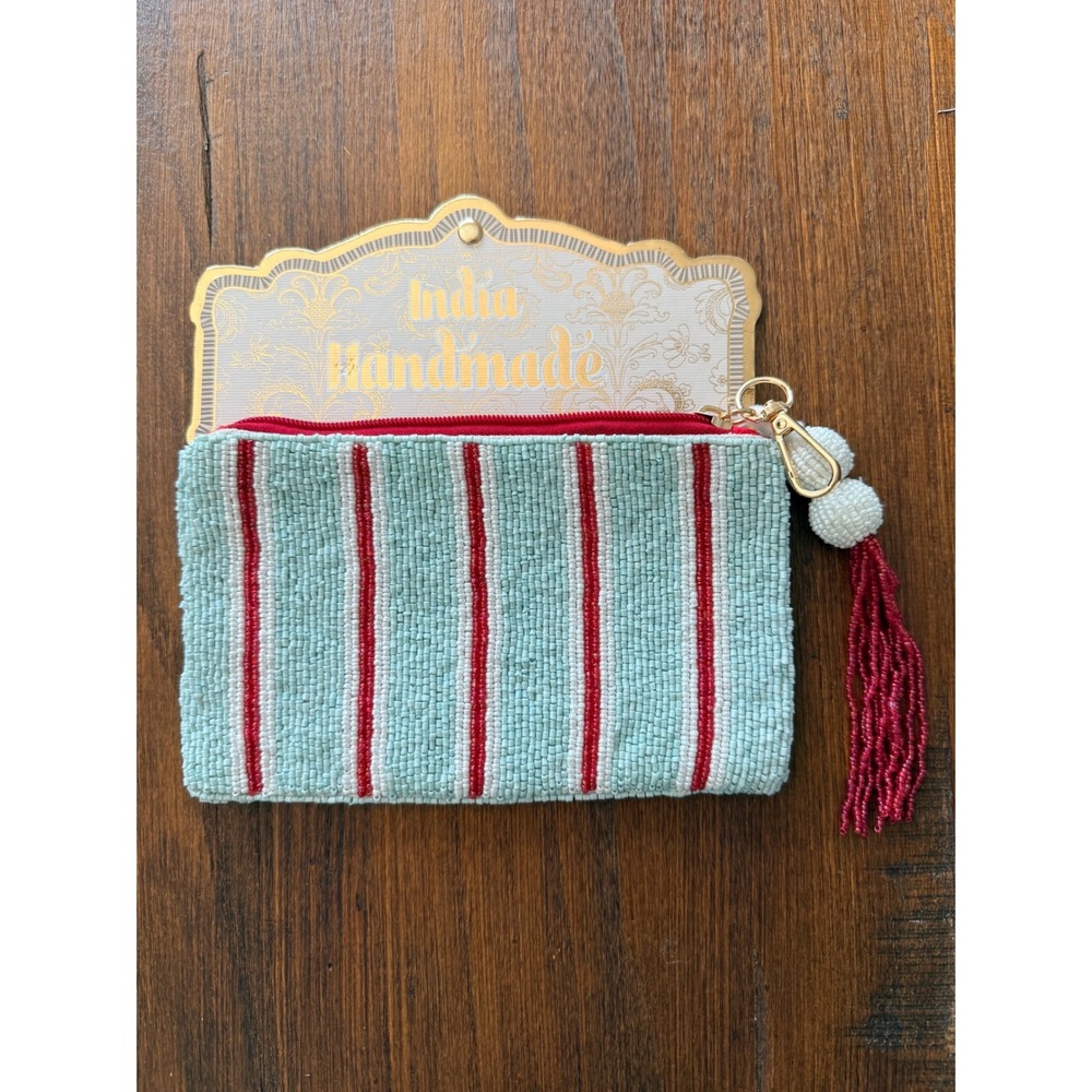 India Handmade Beaded Striped Clutch Tassel Bag Blue Red White Medium Size NWT
